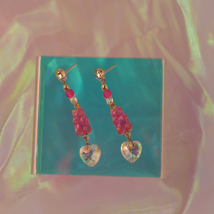 Holographic Pink Gummy Bear Heart Dangle Earrings