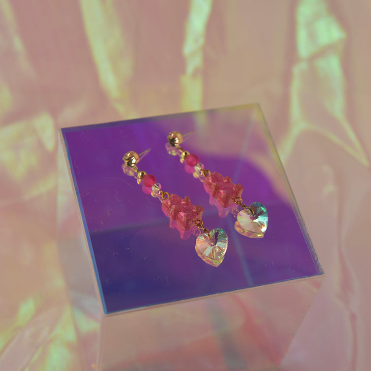 Holographic Pink Gummy Bear Heart Dangle Earrings