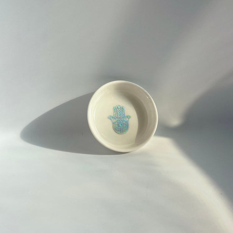 Upcycled Vintage China plate Midnight Studio Holographic Hamsa Hand Foil