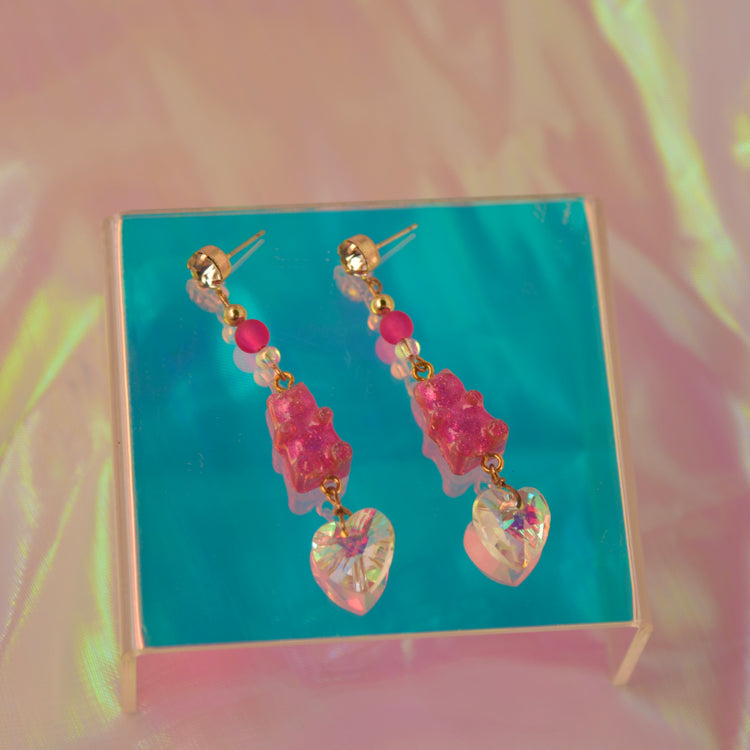 Holographic Pink Gummy Bear Heart Dangle Earrings
