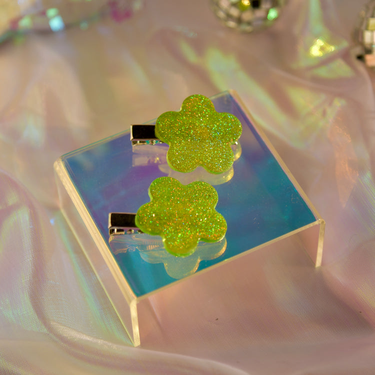 Holographic Green Flower Hair Clip Set