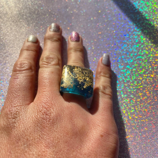 CHUNKY SQUARE SOLIDARITY RING (3 Styles) - Midnight Studio Ukraine Blue + Gold Flake Rings