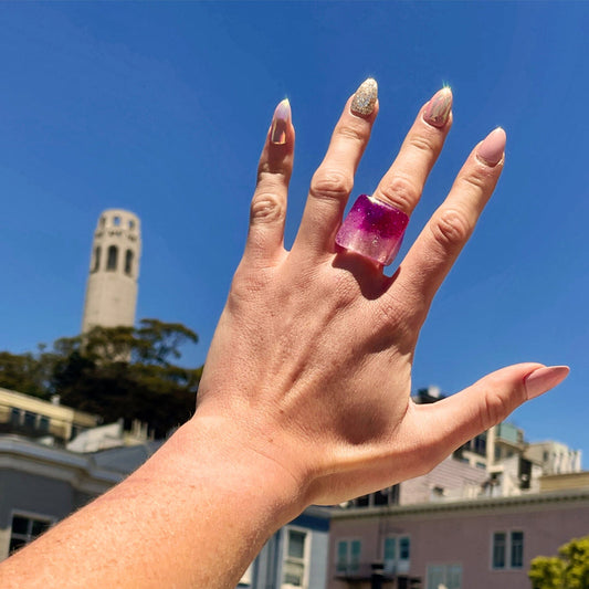 Neon Purple Chunky Square Ring with Iridescent Glitter - Midnight Studio Rings