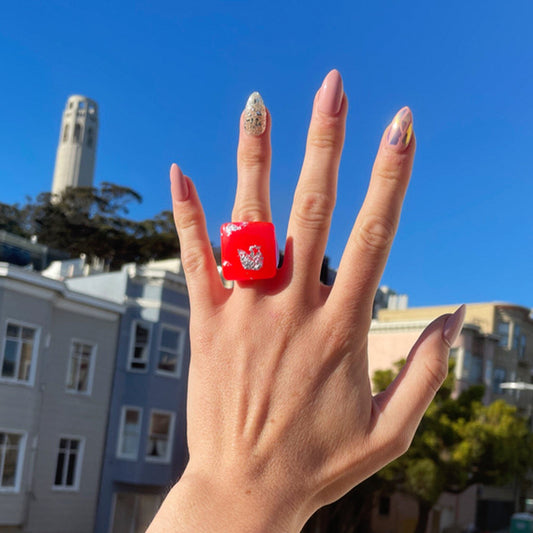 Neon Red & Silver Chunky Square Ring - Midnight Studio Rings